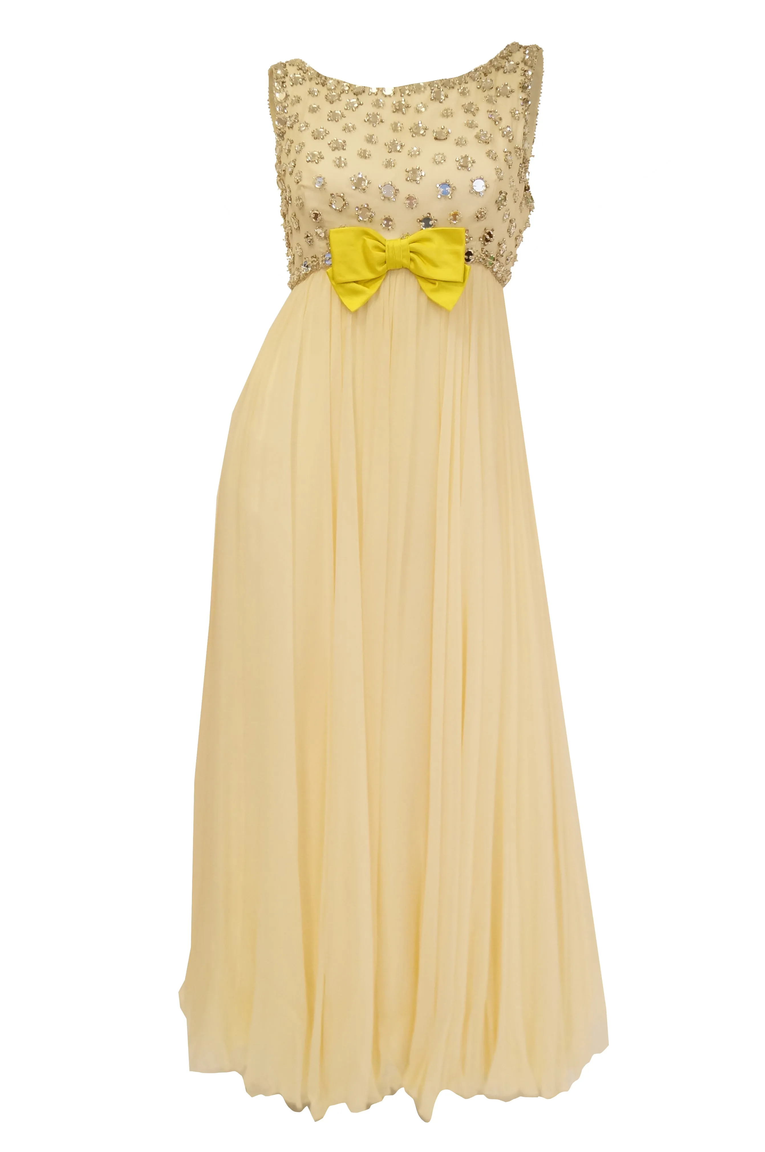 1960s Lillie Rubin Cream Dress with Neon Yellow Bow and Mirror Sequin Detail