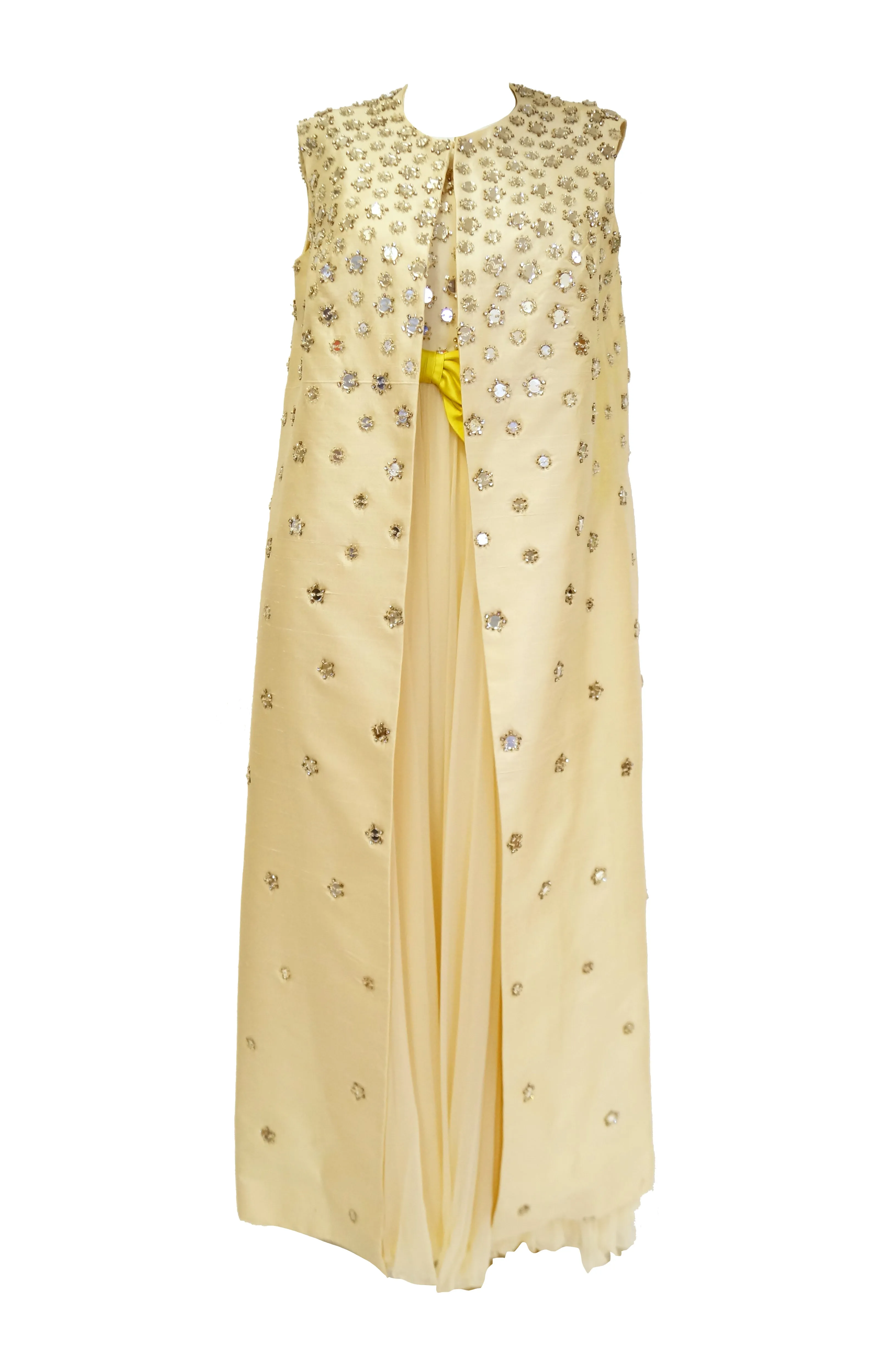 1960s Lillie Rubin Cream Dress with Neon Yellow Bow and Mirror Sequin Detail