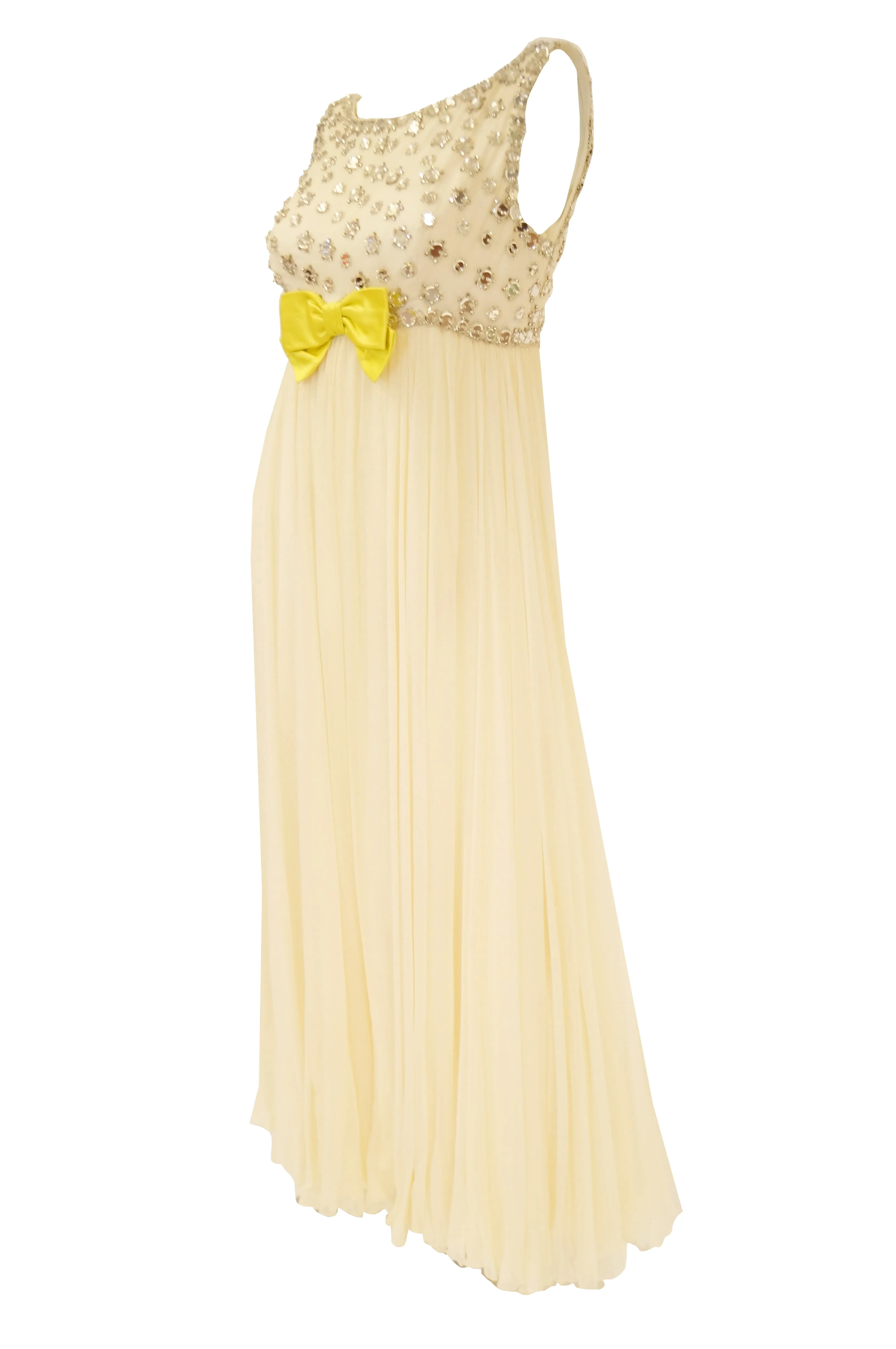 1960s Lillie Rubin Cream Dress with Neon Yellow Bow and Mirror Sequin Detail