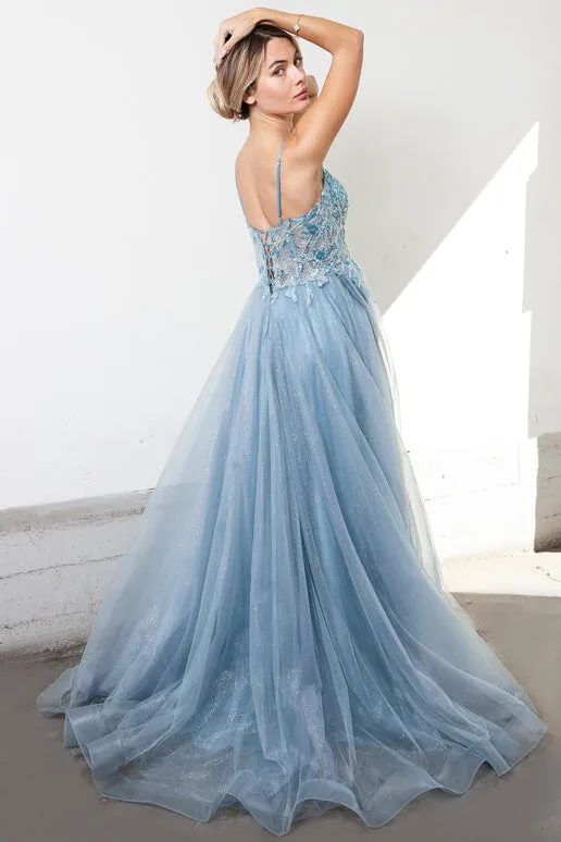 AC TM1004 - Shimmer Tulle A-Line Prom Gown with Sheer Boned Beaded 3D Applique Bodice Lace Up Corset Back & Leg Slit