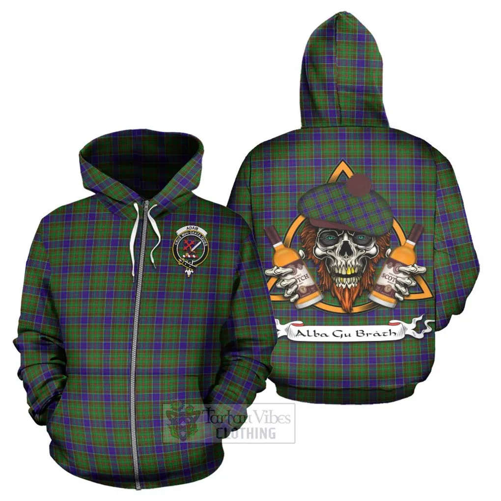 Adam Tartan Hoodie with Family Crest and Bearded Skull Holding Bottles of Whiskey