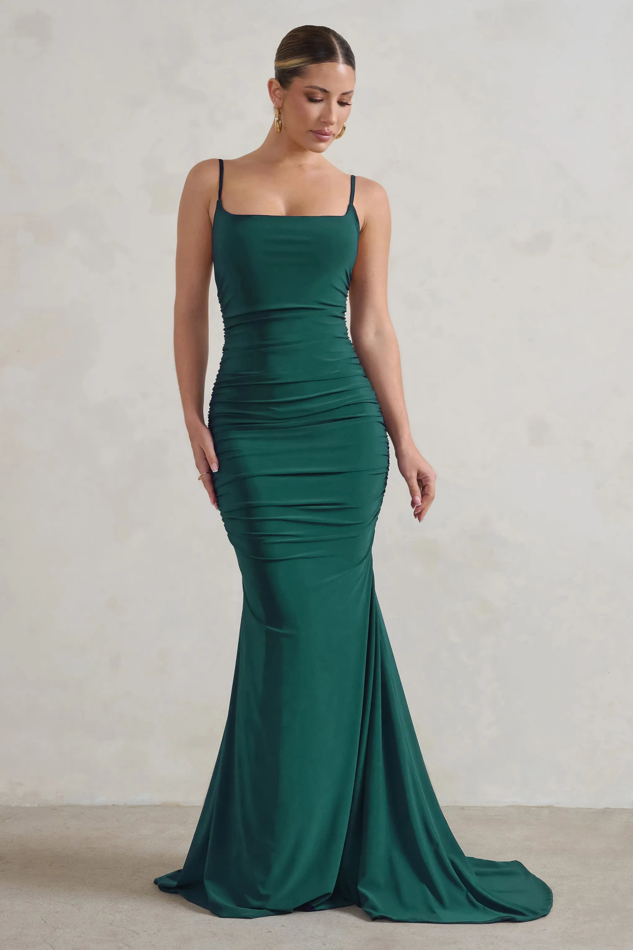 Adele | Bottle Green Backless Ruched Fishtail Cami Maxi Dress