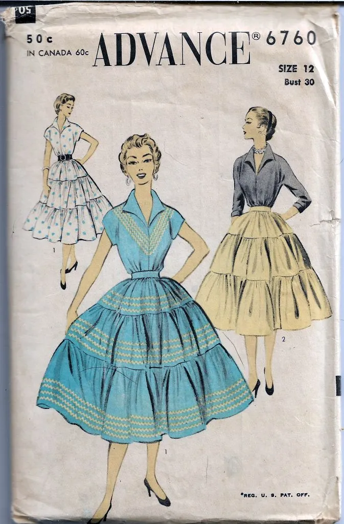 Advance 6760 Two Piece Dress Blouse Full Skirt Vintage Sewing Pattern 1950s