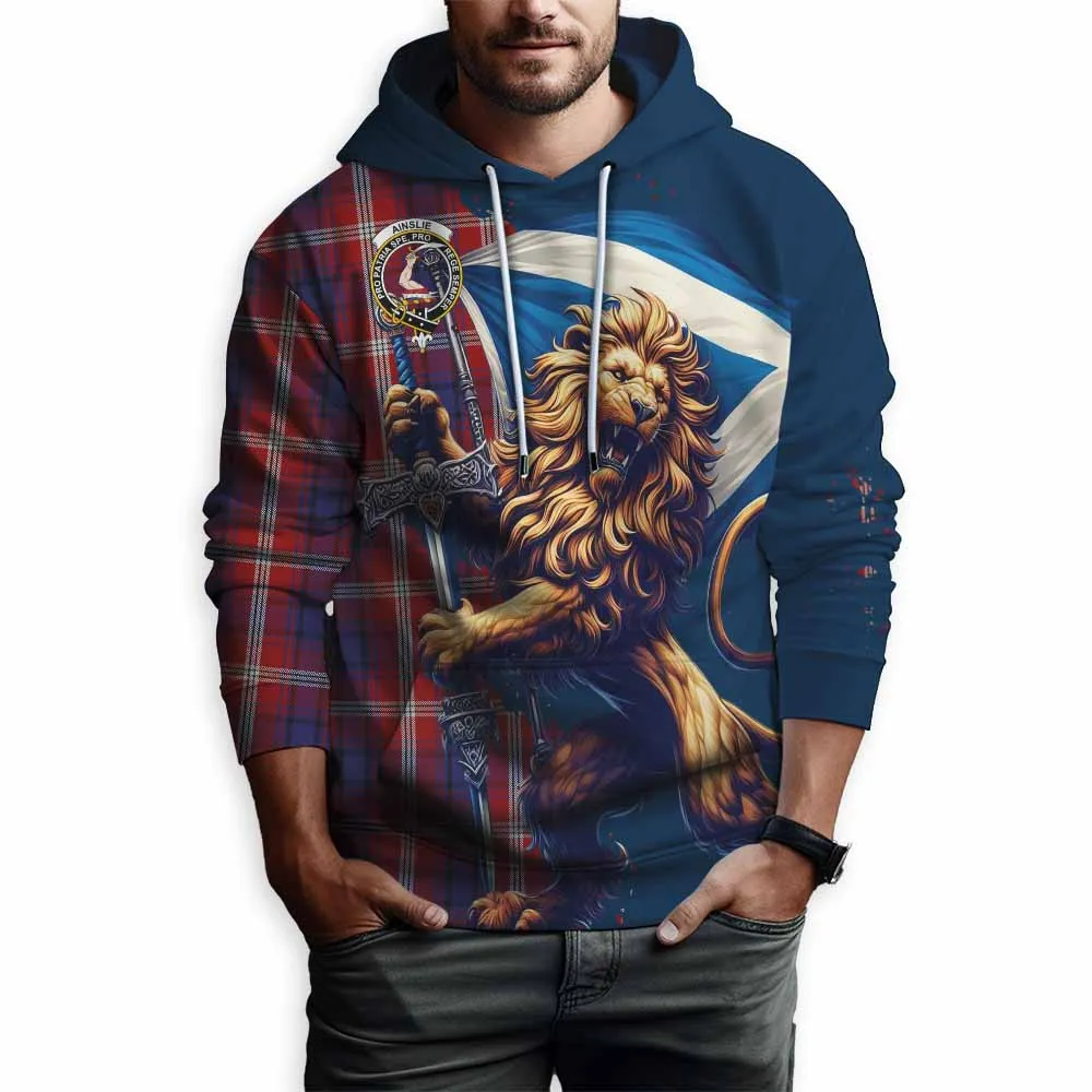 Ainslie Tartan Family Crest Hoodie with Scottish Majestic Lion