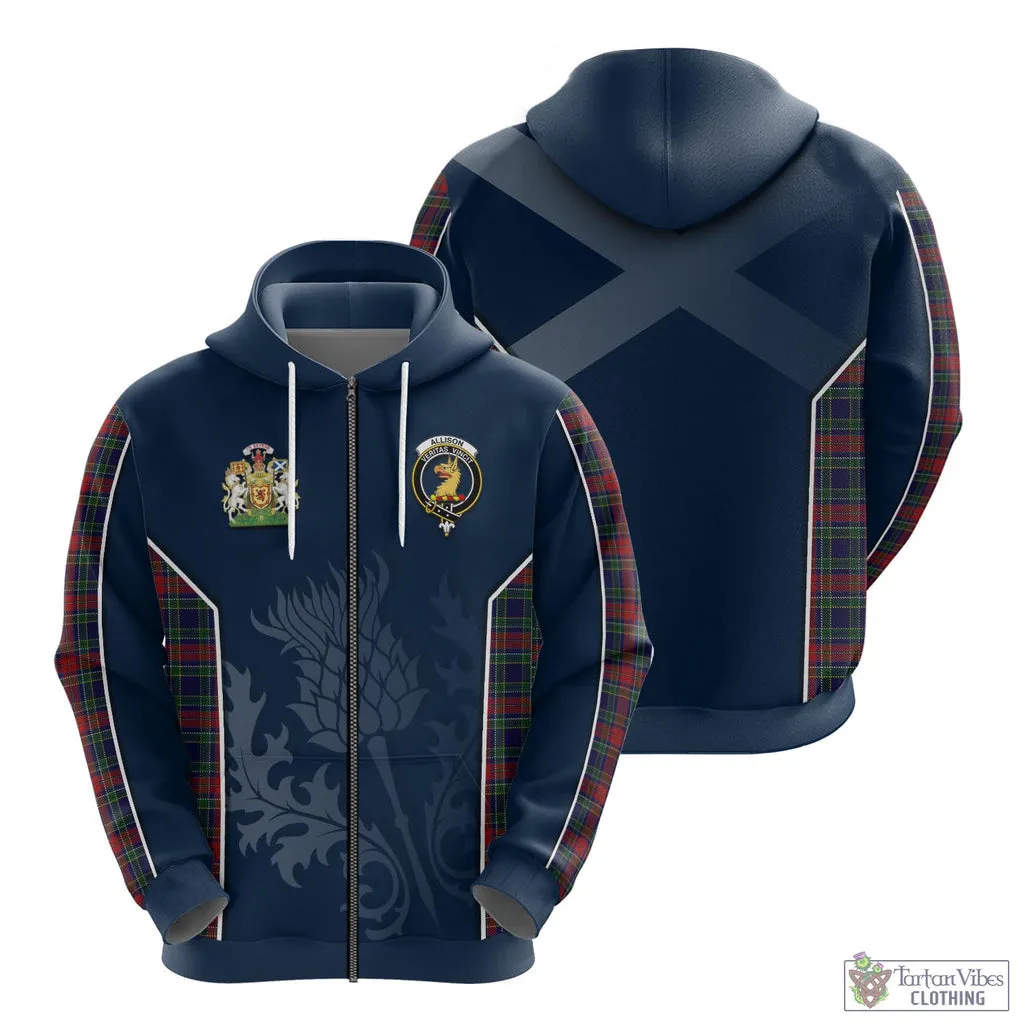 Allison Red Tartan Hoodie with Family Crest and Scottish Thistle Vibes Sport Style