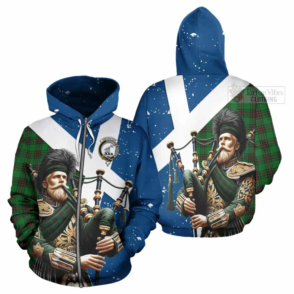 Anstruther Tartan Hoodie with Family Crest Scottish Bagpiper Vibes