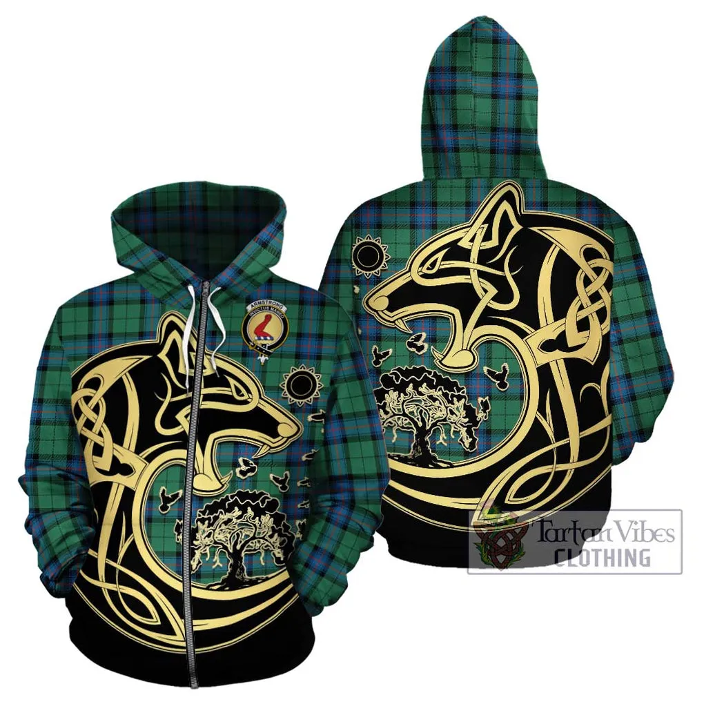 Armstrong Ancient Tartan Hoodie with Family Crest Celtic Wolf Style