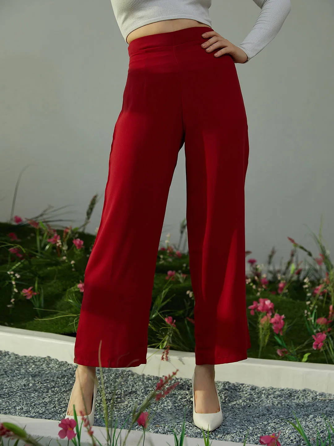 Berrylush Women Solid Red High-Rise Waist Wide-Leg Loose-Fit Slip-On Regular Pants