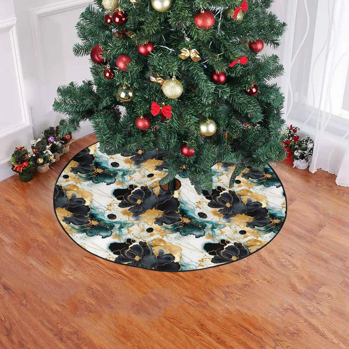 Black Gold & Green Ink Floral  Christmas Tree Skirt