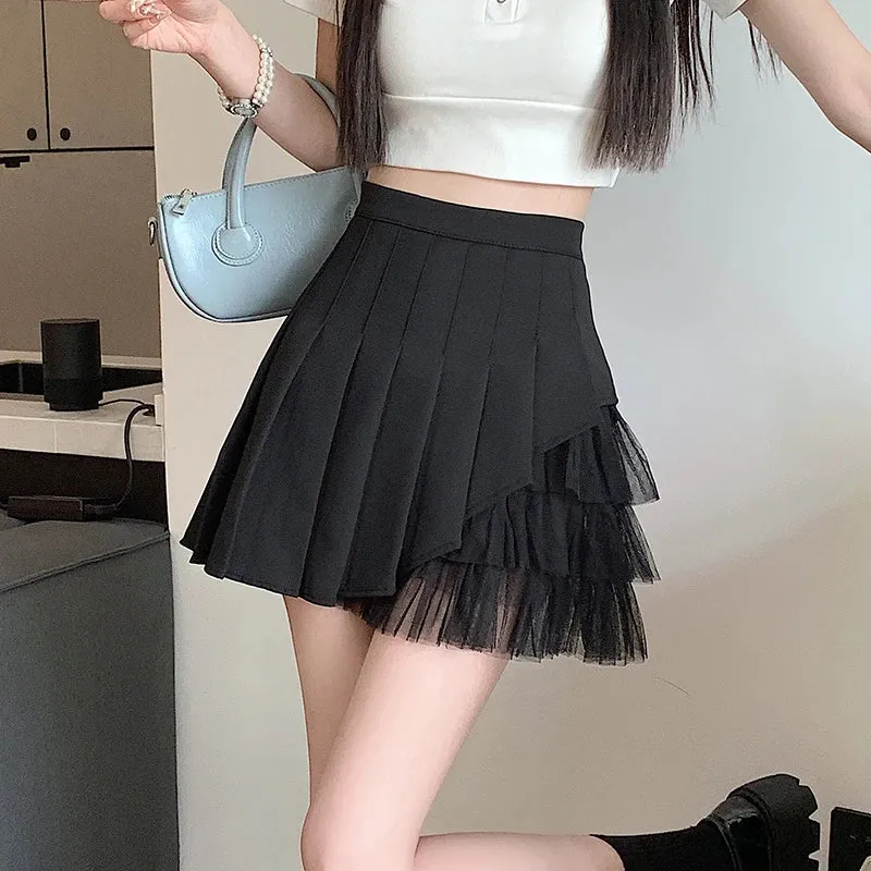 Black Mesh Chic A-line Women's Skirts High Waist Solid Color Slim Korean Style Female Skirt White Summer Sweet Skirts