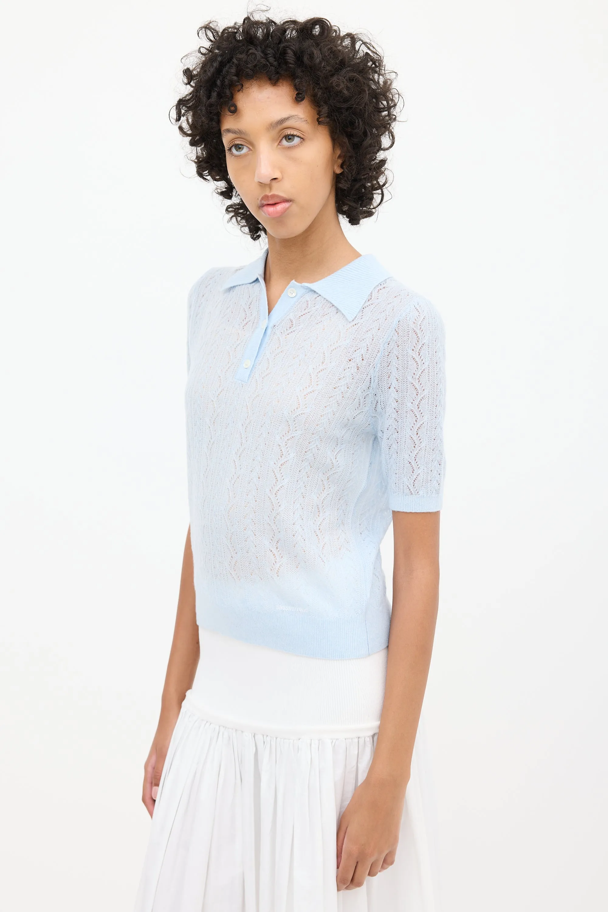 Blue Mesh Knit Polo Sweater