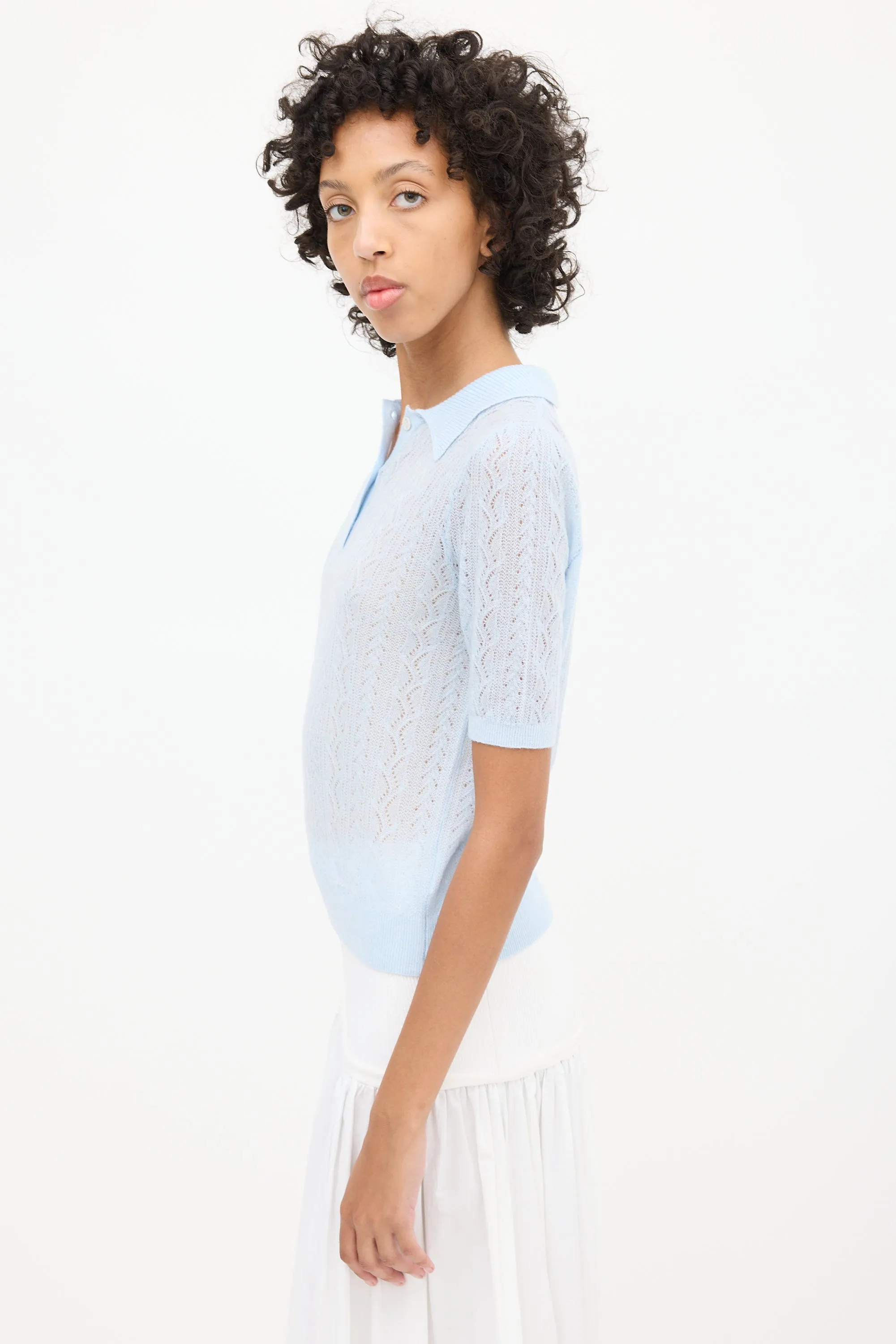 Blue Mesh Knit Polo Sweater