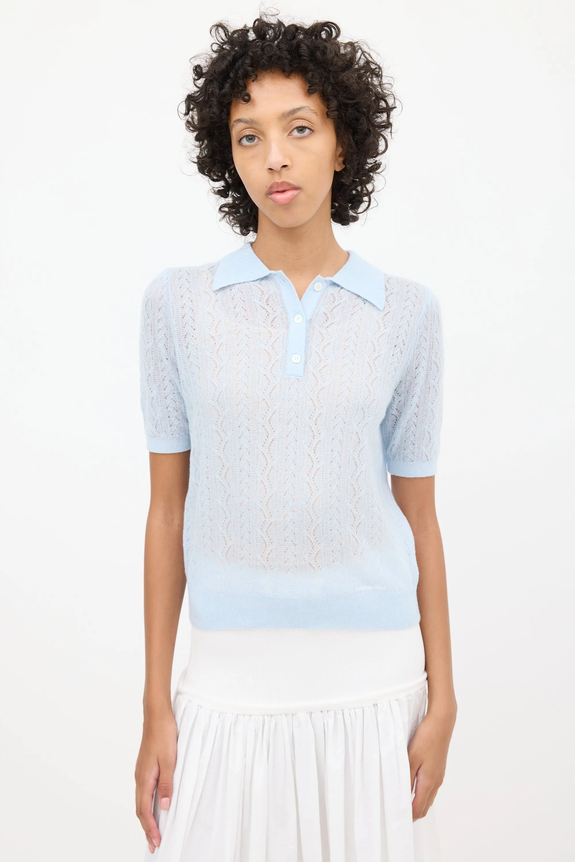 Blue Mesh Knit Polo Sweater