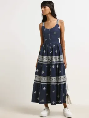 Bombay Paisley Navy Cotton Blend Button Front Maxi Dress