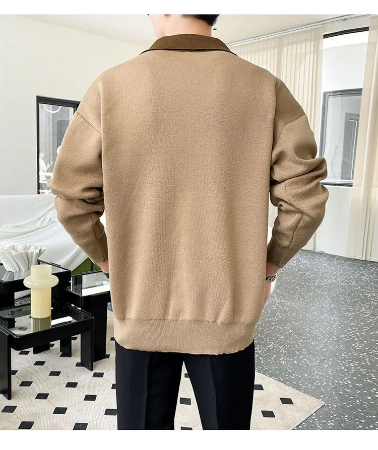 Bonsir Autumn New Knitted Sweater Men Business Casual Patchwork Polo Lapel Zipper Sweater Harajuku Mens Loose Japanese Pullove