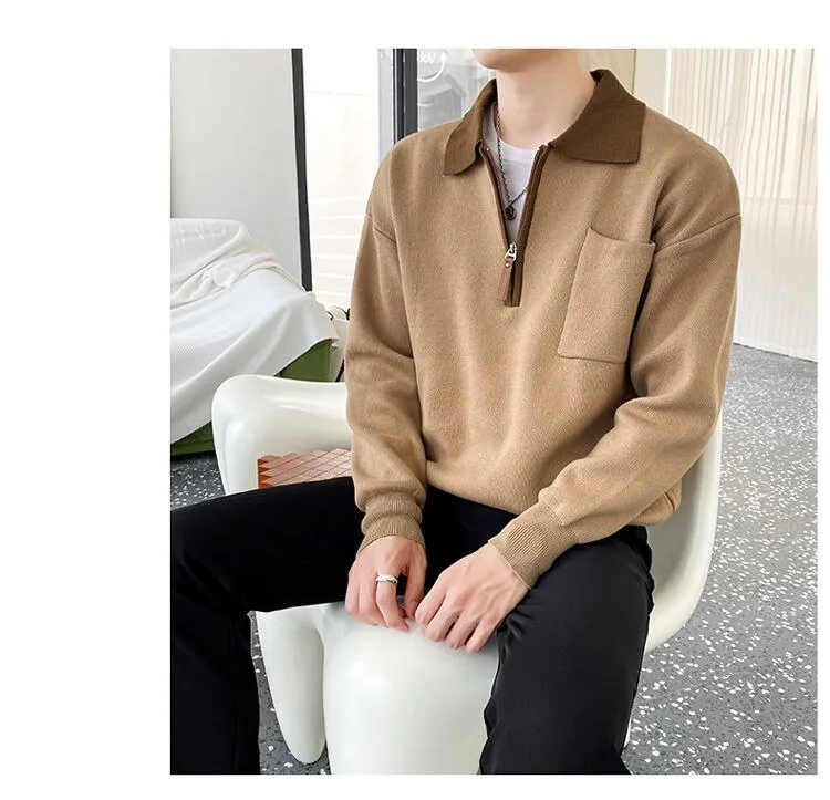 Bonsir Autumn New Knitted Sweater Men Business Casual Patchwork Polo Lapel Zipper Sweater Harajuku Mens Loose Japanese Pullove