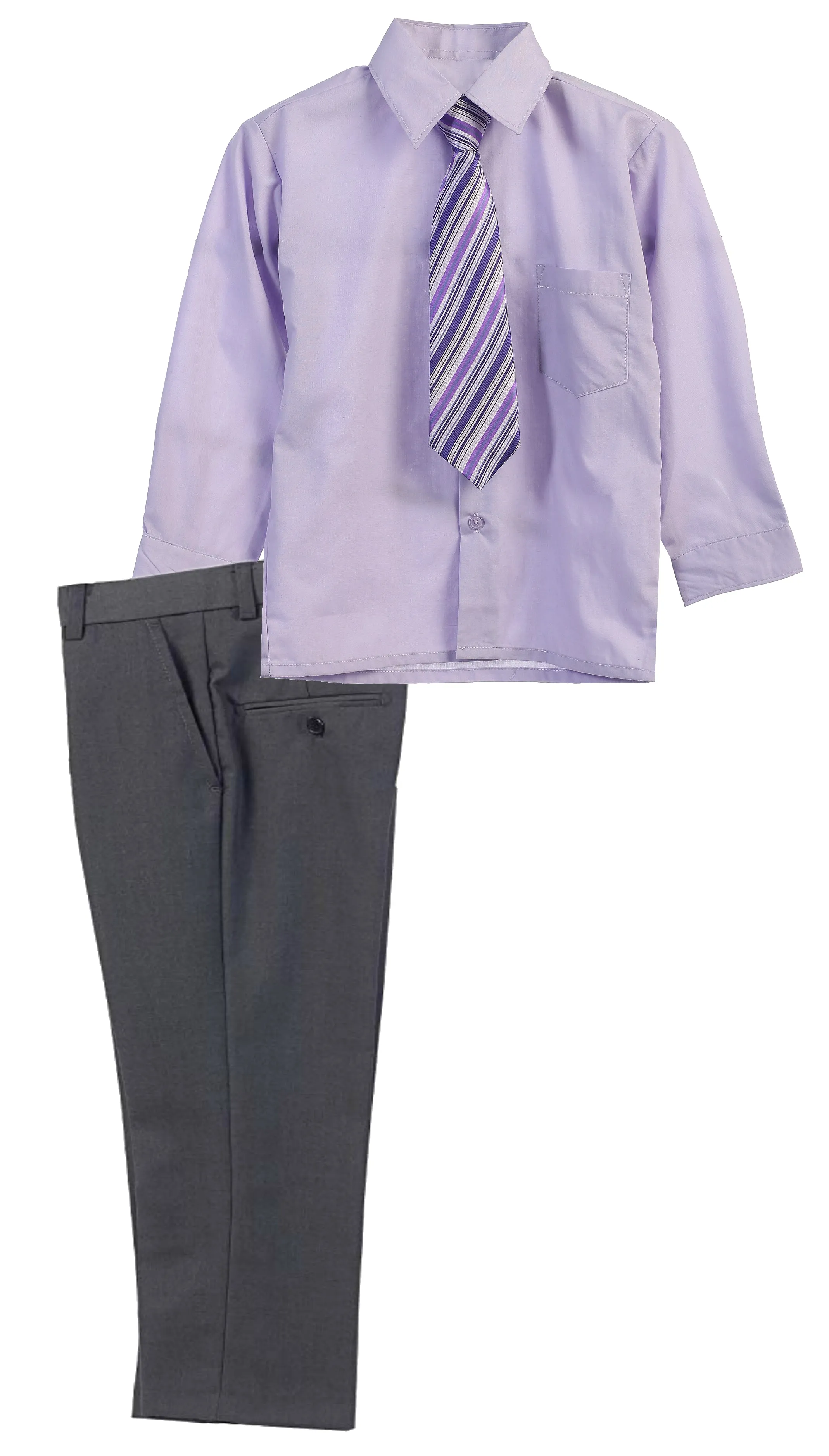 Boys Dress Pants Set With Shirt And Tie -Gray Pants / Lilac Shirt