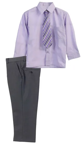 Boys Dress Pants Set With Shirt And Tie -Gray Pants / Lilac Shirt