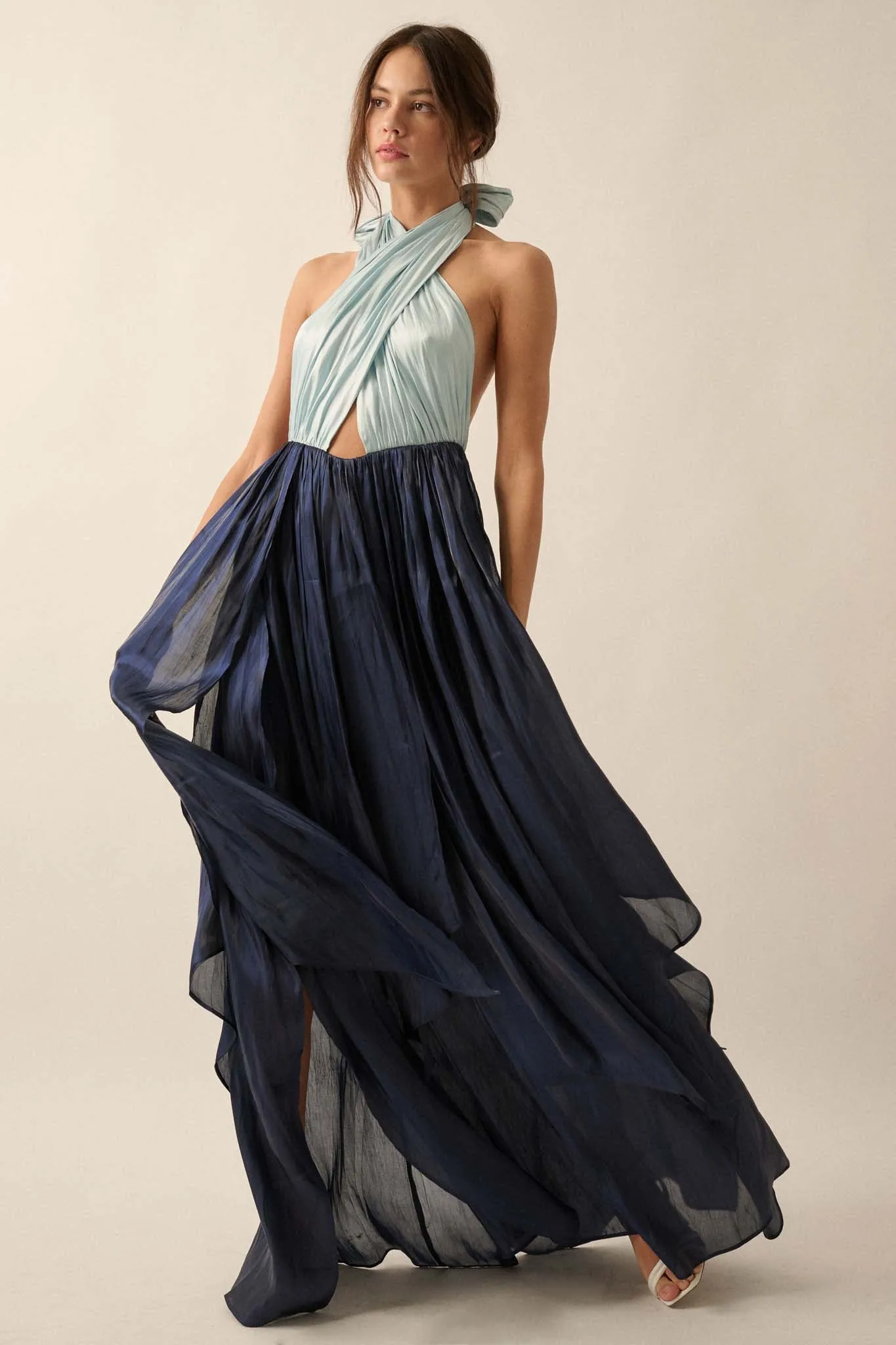 Breaking Waves Satin Cross-Front Halter Maxi Dress