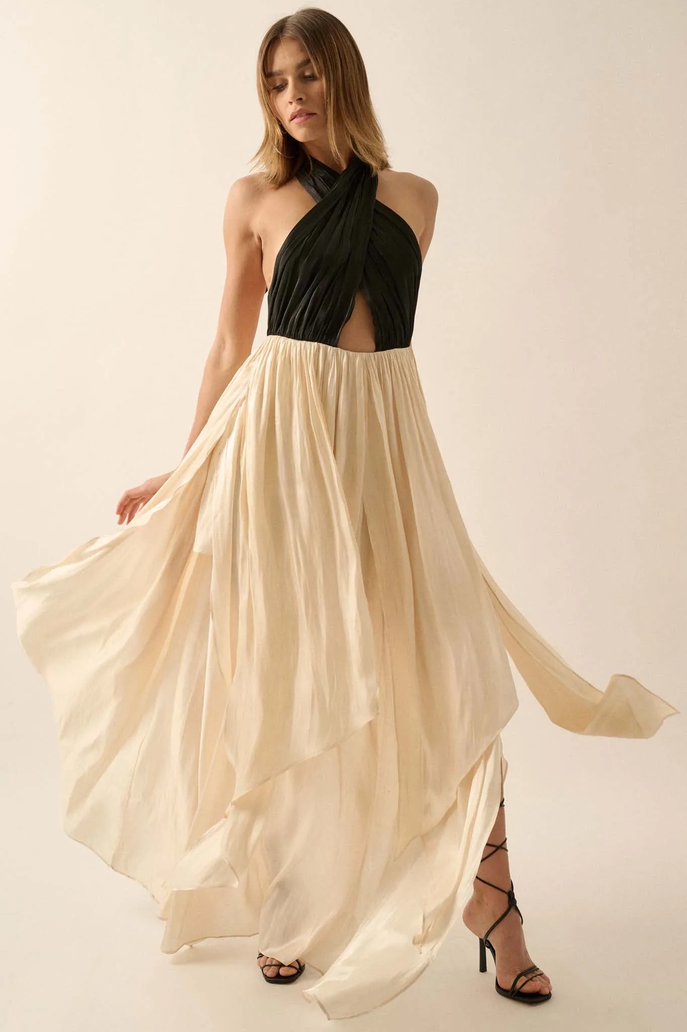 Breaking Waves Satin Cross-Front Halter Maxi Dress