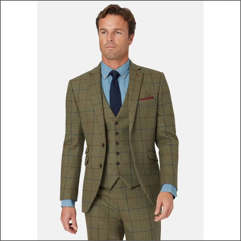 Brook Taverner Haincliffe Green with Blue Overcheck Suit Jacket--