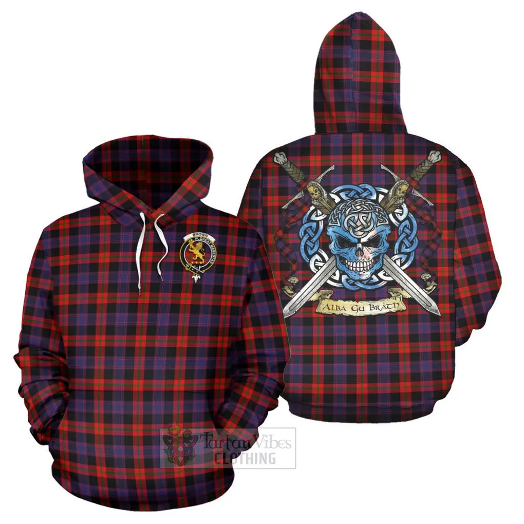 Brown (Broun) Tartan Hoodie with Family Crest Celtic Skull Style