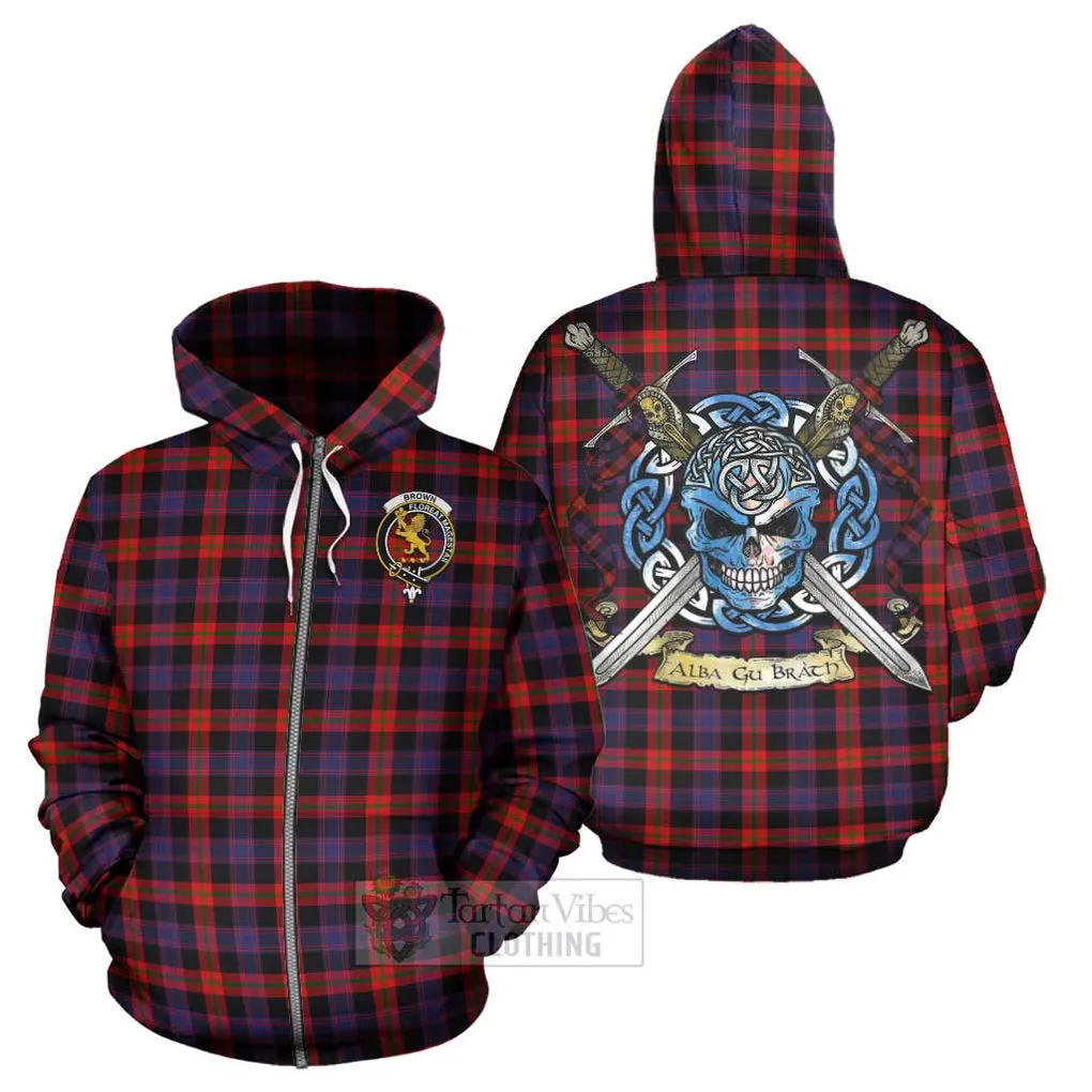 Brown (Broun) Tartan Hoodie with Family Crest Celtic Skull Style