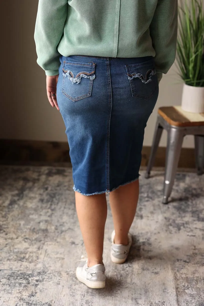 Brown Fray Stitching Pencil Denim Skirt