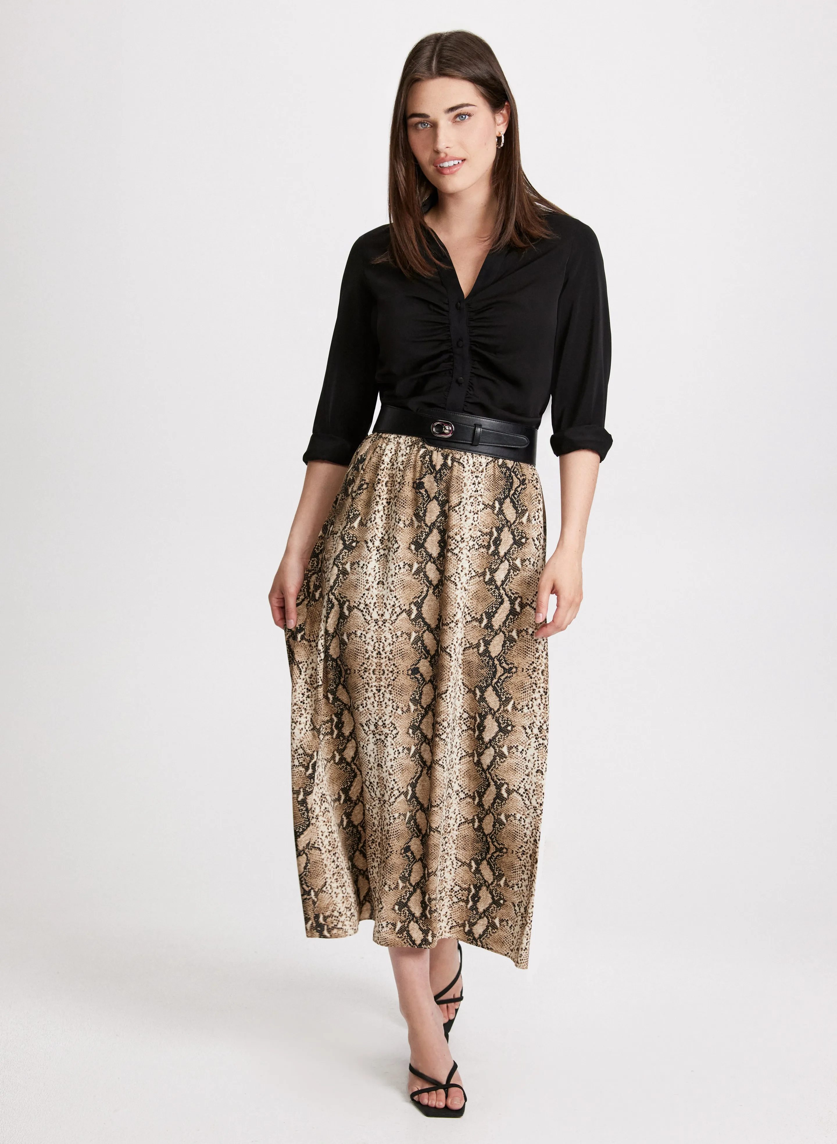 Button-Down Blouse & Snake Print Skirt