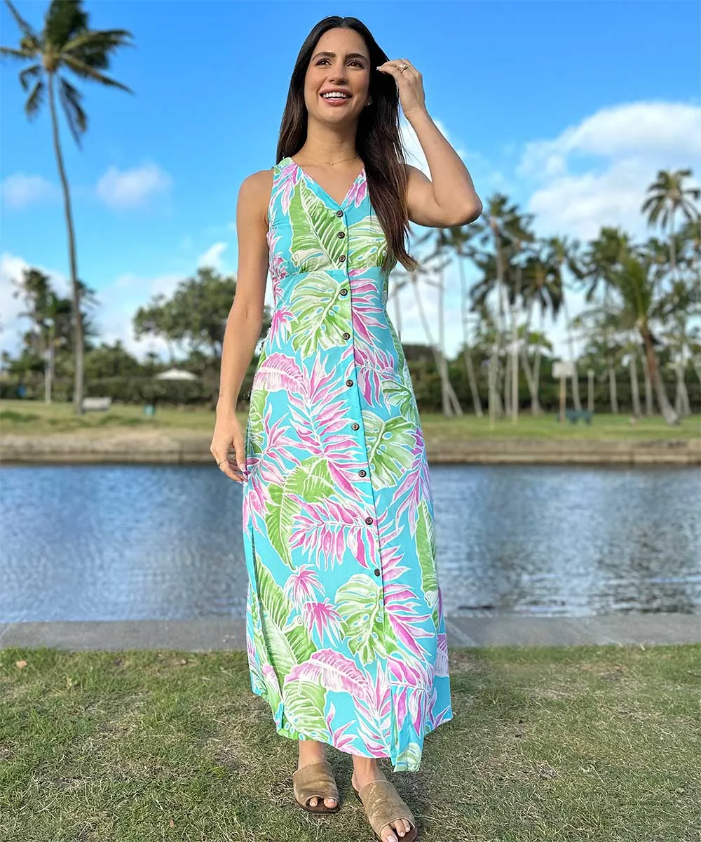 Cabana Palms Aqua Button Front Tank Dress