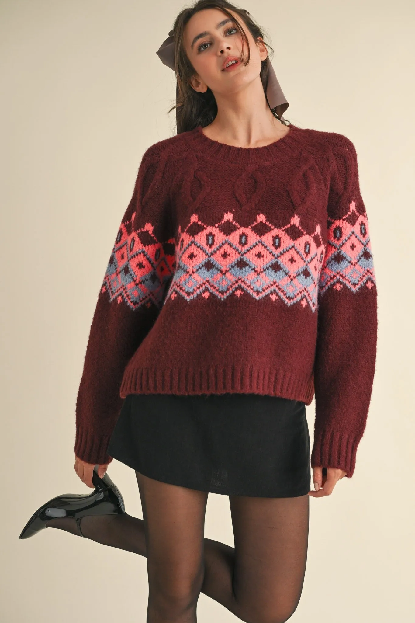 CABLE KNIT FAIR ISLE SWEATER