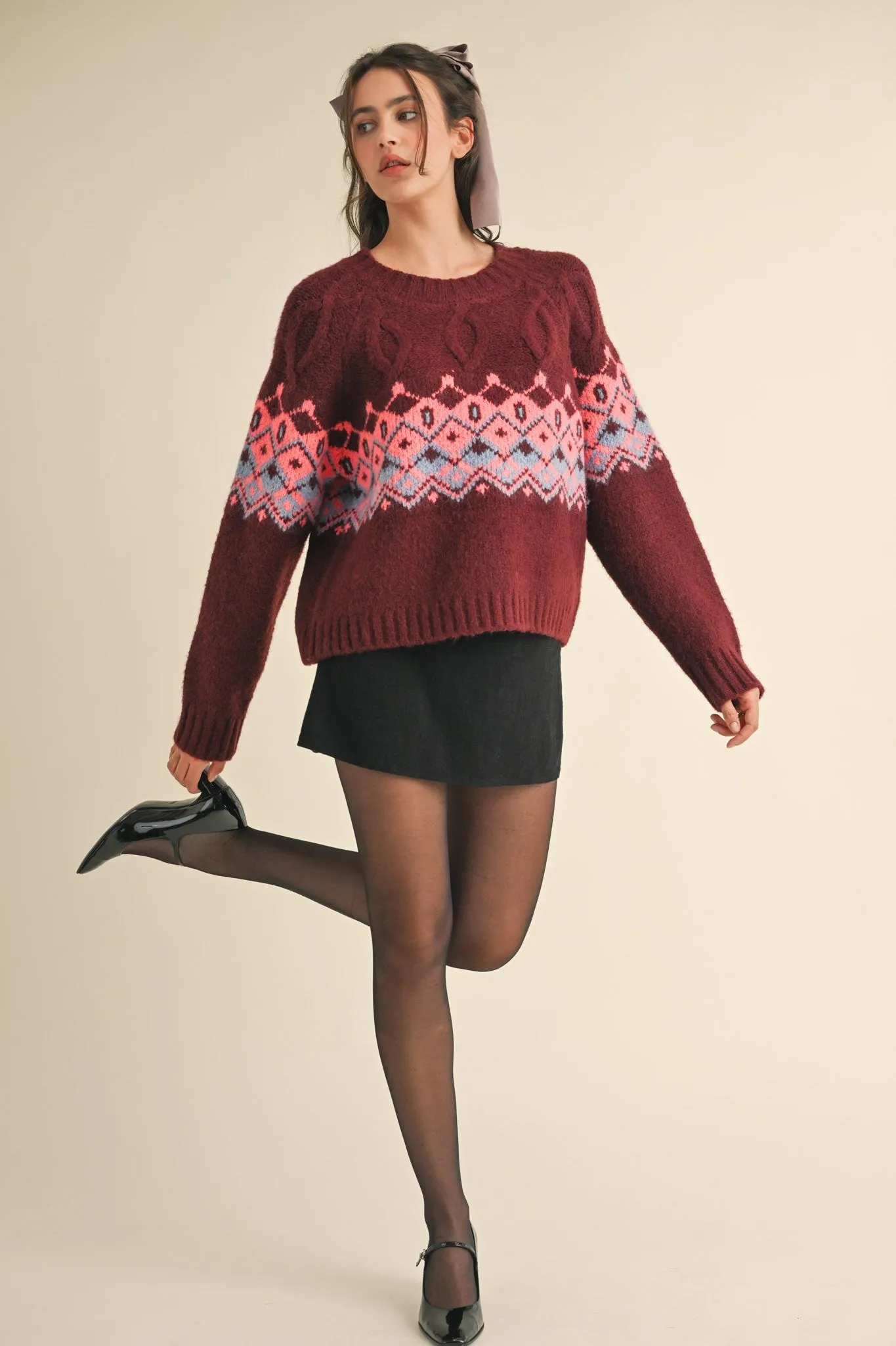 CABLE KNIT FAIR ISLE SWEATER