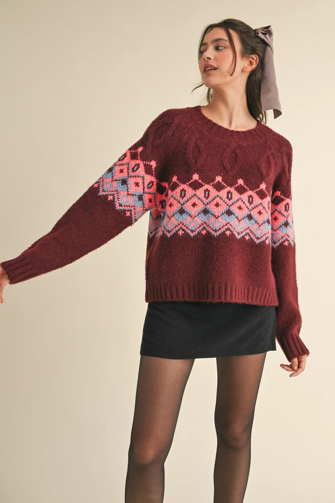 CABLE KNIT FAIR ISLE SWEATER