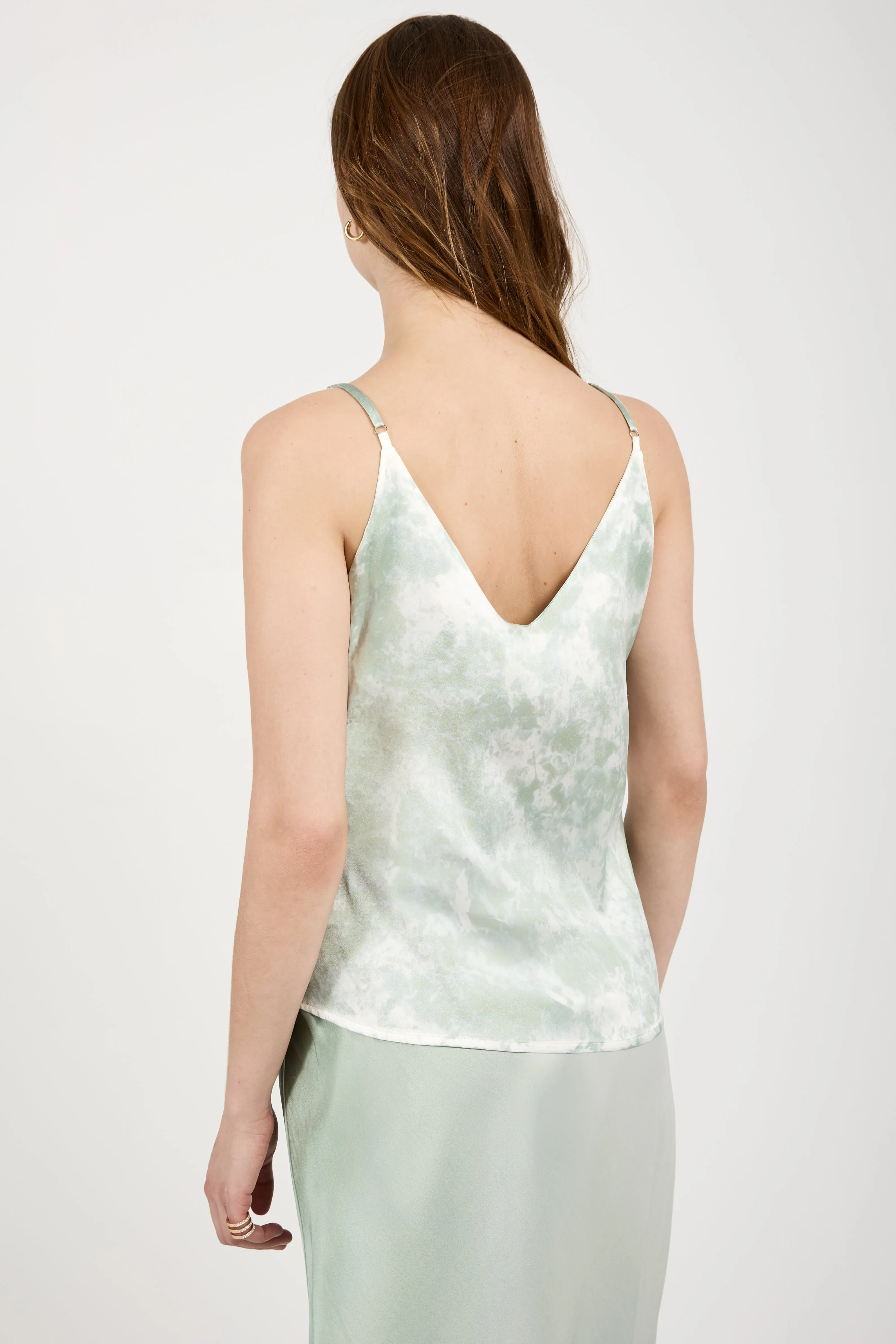 Camouflage Silk Tank Top with Studs in Jade