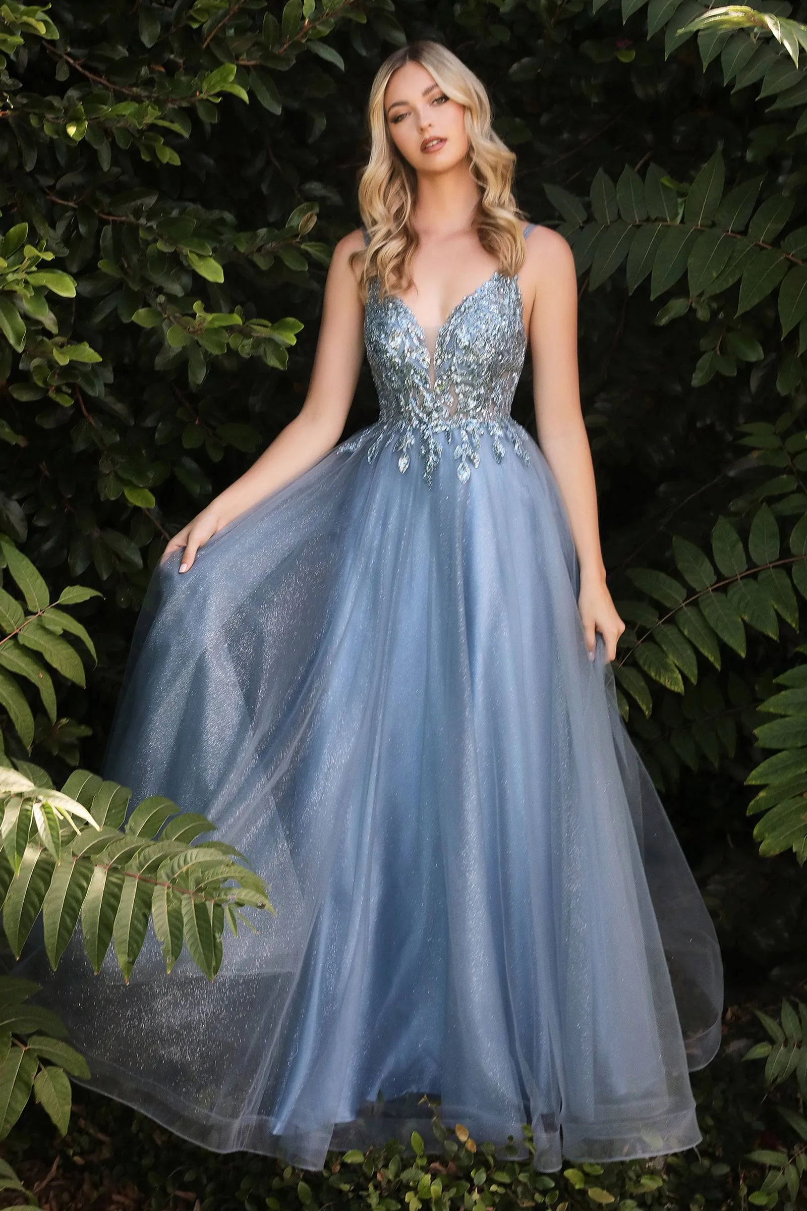 Cinderella Divine CD0154 Ladivine Shimmering A Line V Neck Tulle Dress