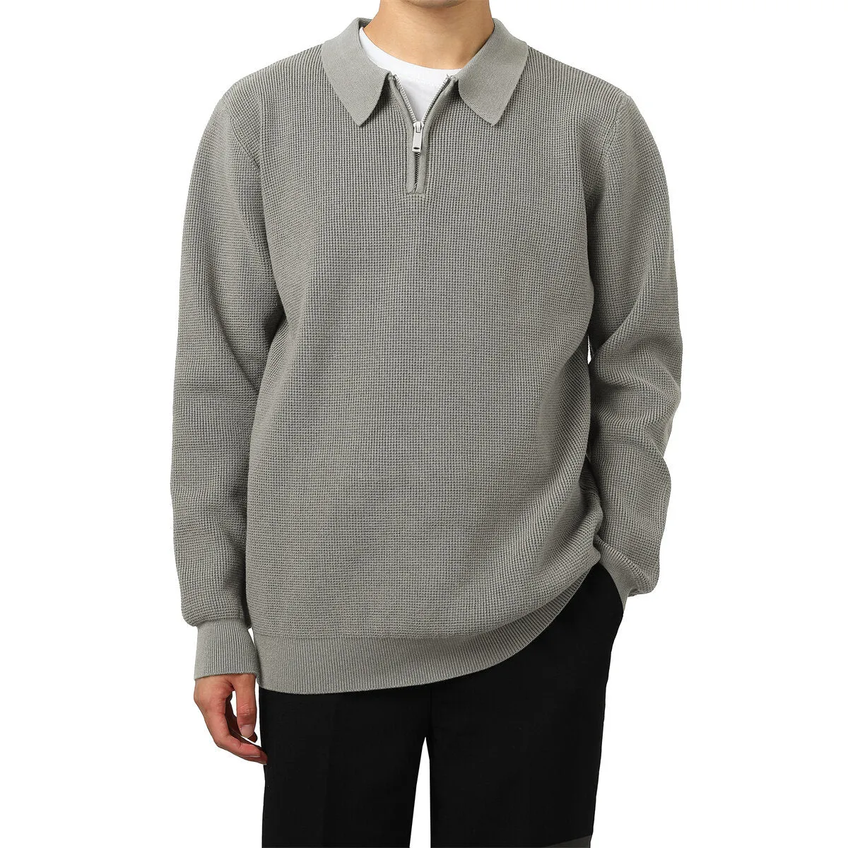 Cloudstyle Men Sweater Loose Fit Solid Color Polo Collar