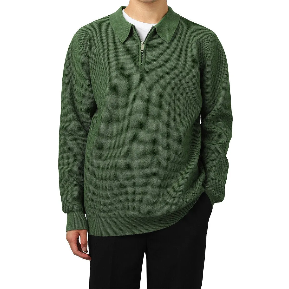 Cloudstyle Men Sweater Loose Fit Solid Color Polo Collar