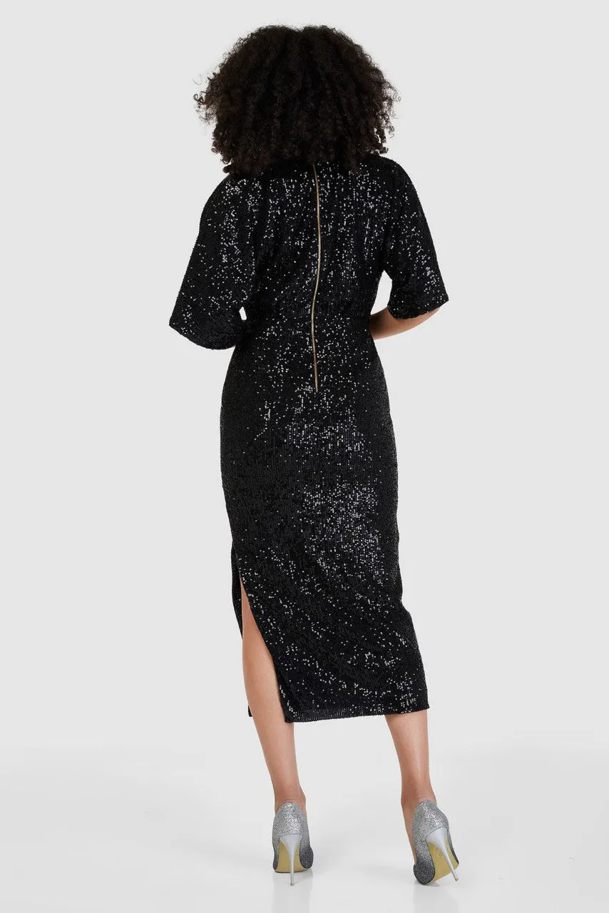 Coleen Sequin Kimono Pencil Dress (Black)