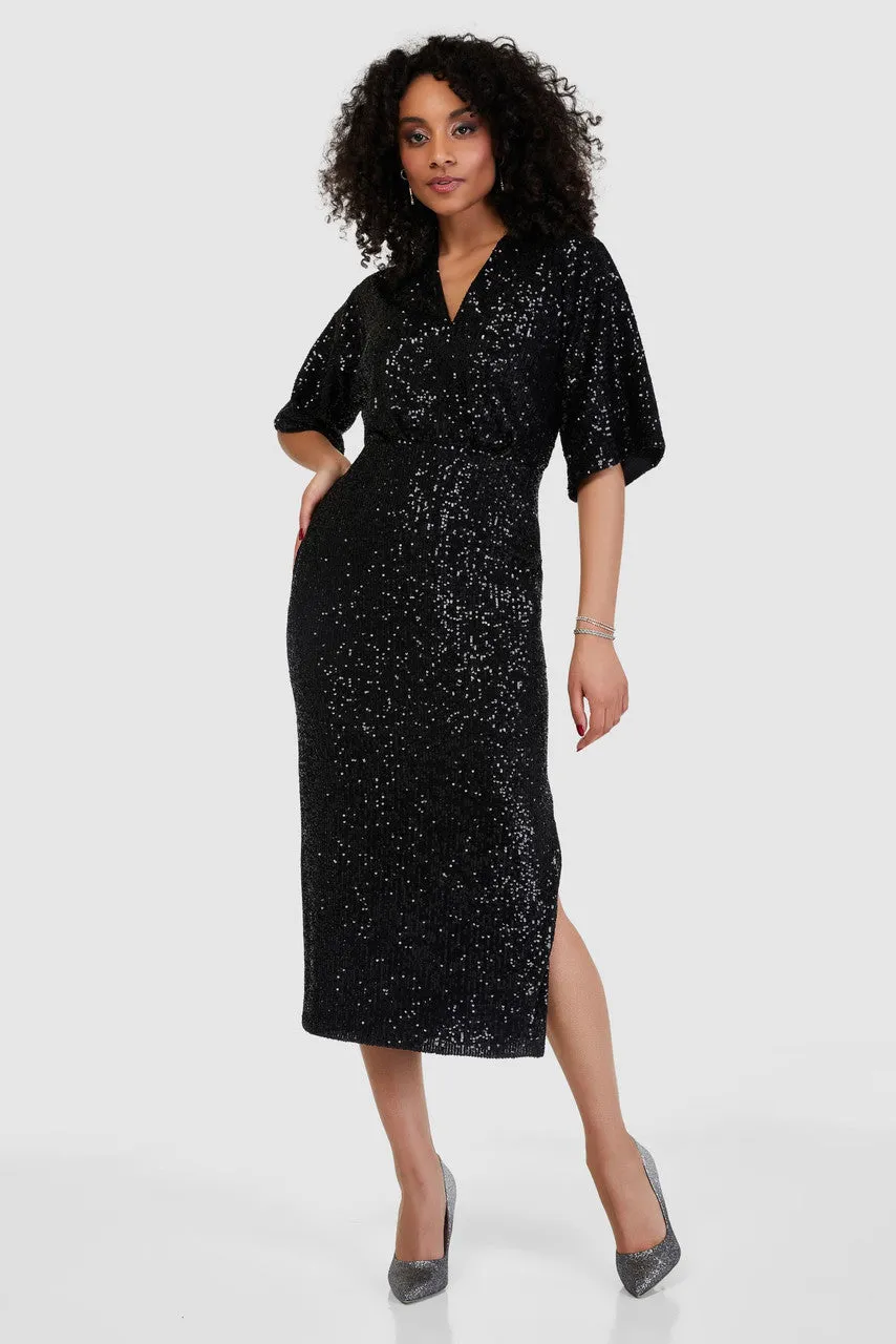 Coleen Sequin Kimono Pencil Dress (Black)