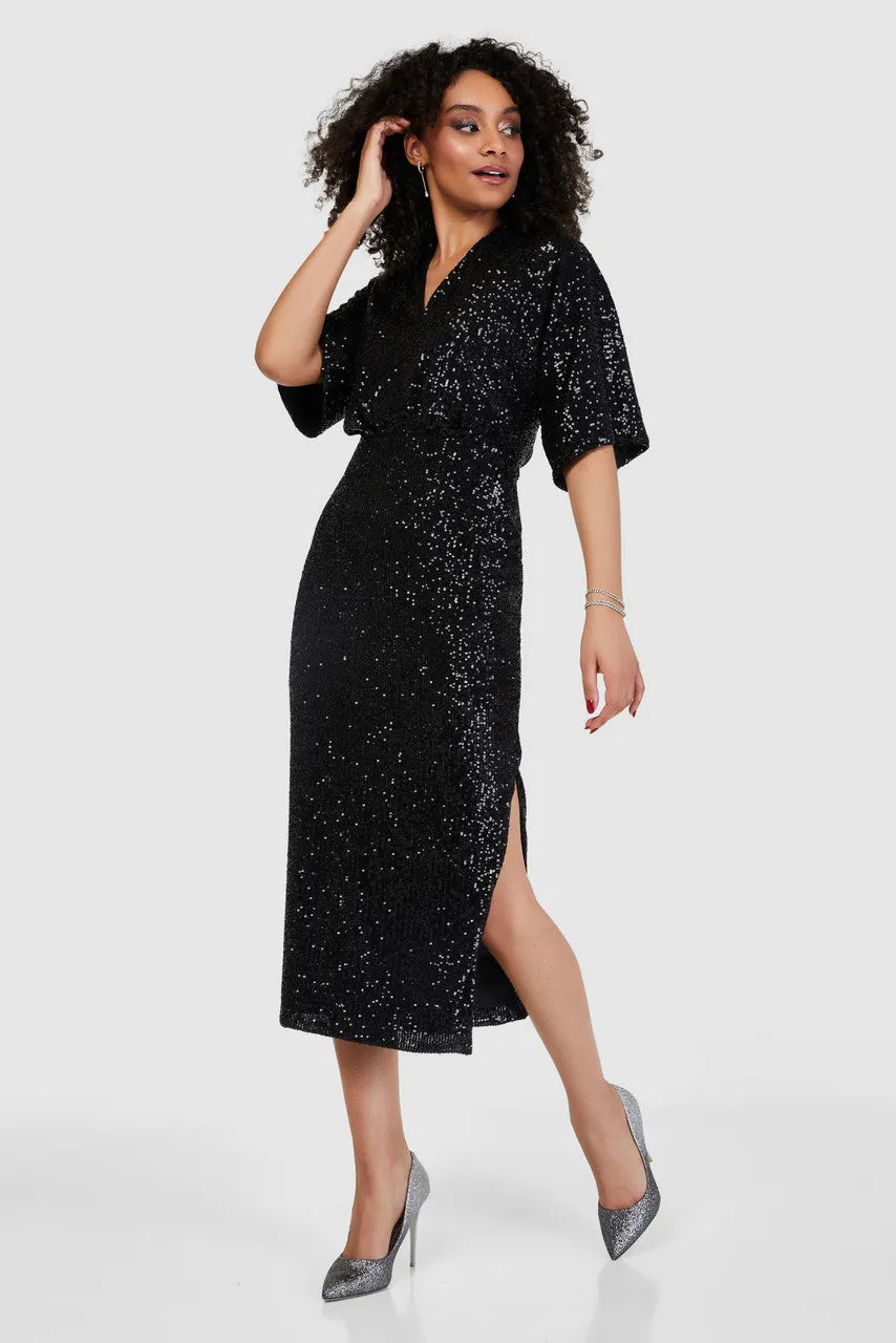 Coleen Sequin Kimono Pencil Dress (Black)