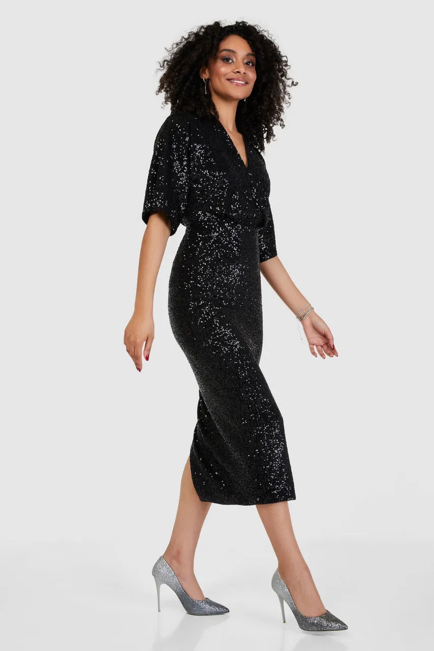 Coleen Sequin Kimono Pencil Dress (Black)