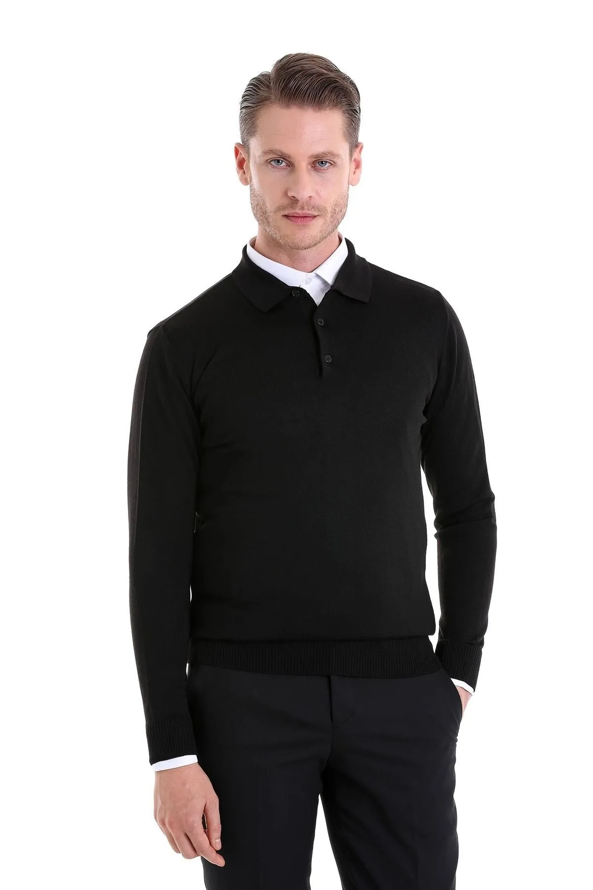 Comfort Fit Wool Blend Black Polo Sweater