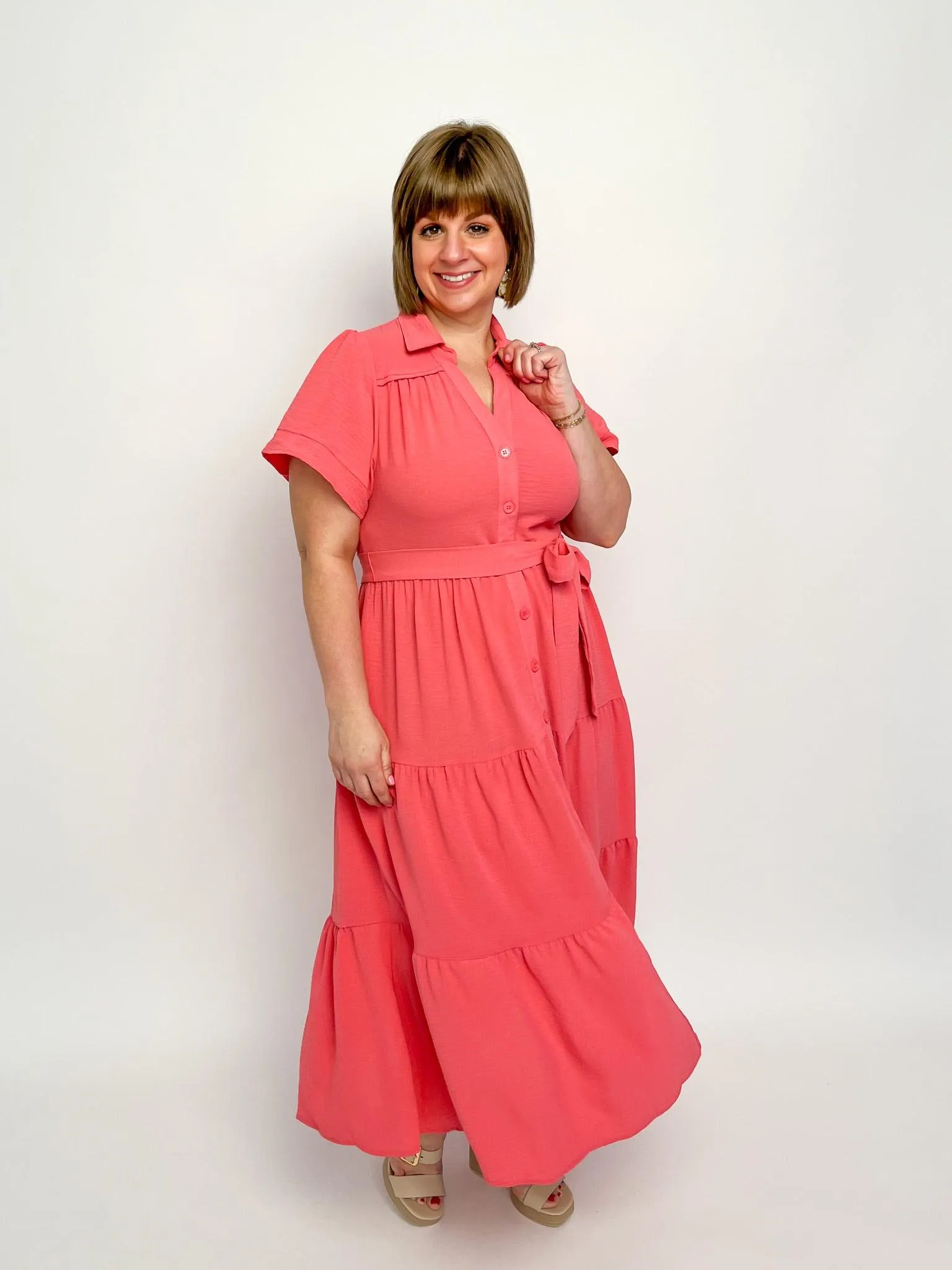 Coral Pink Button Maxi Dress