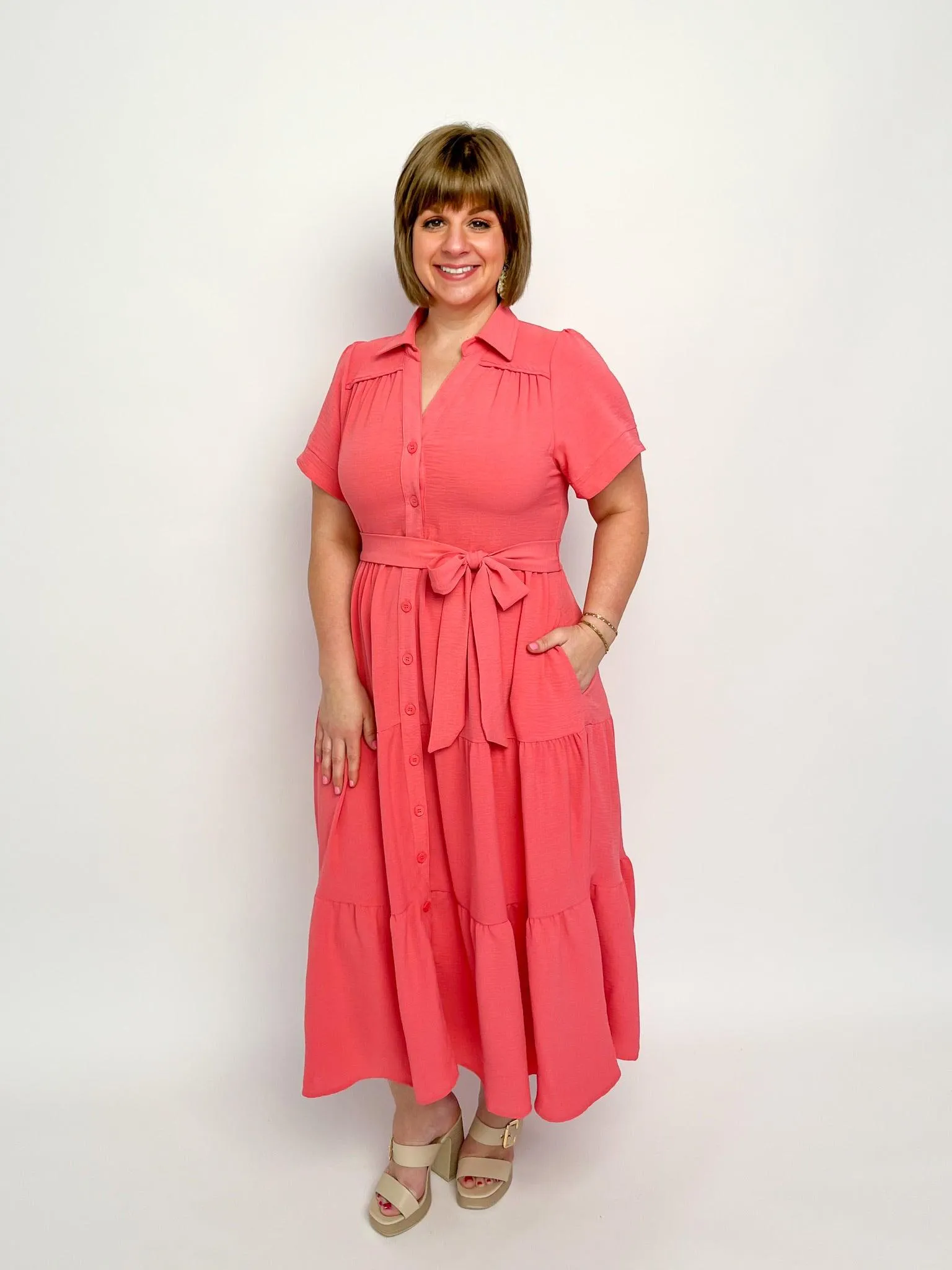 Coral Pink Button Maxi Dress