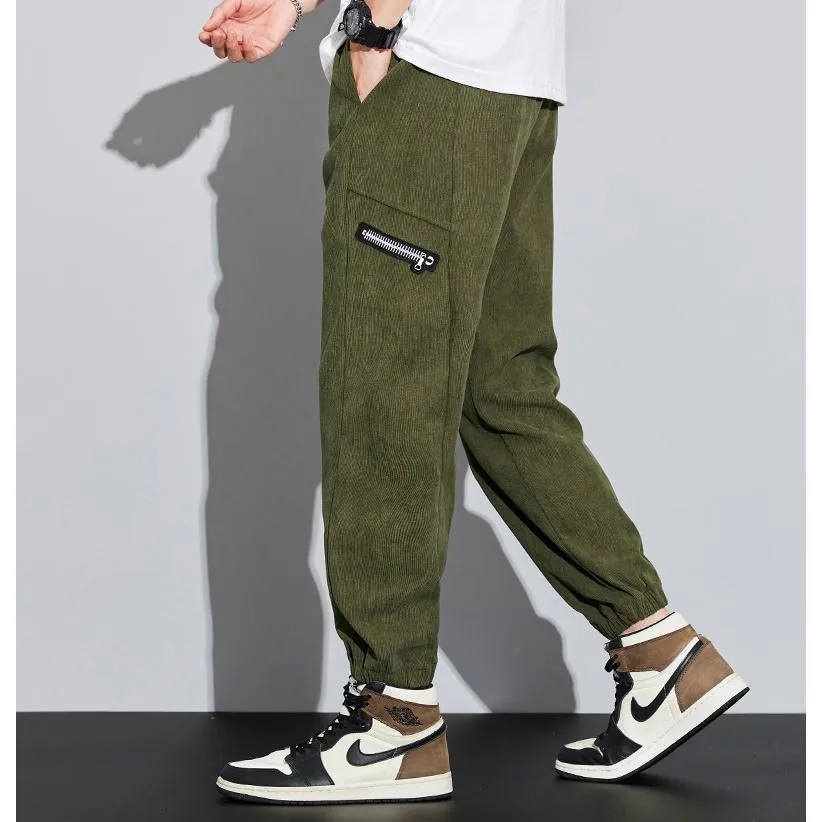 Corduroy Street Style Retro Drawstring Waist Loose Fit Tapered Pants