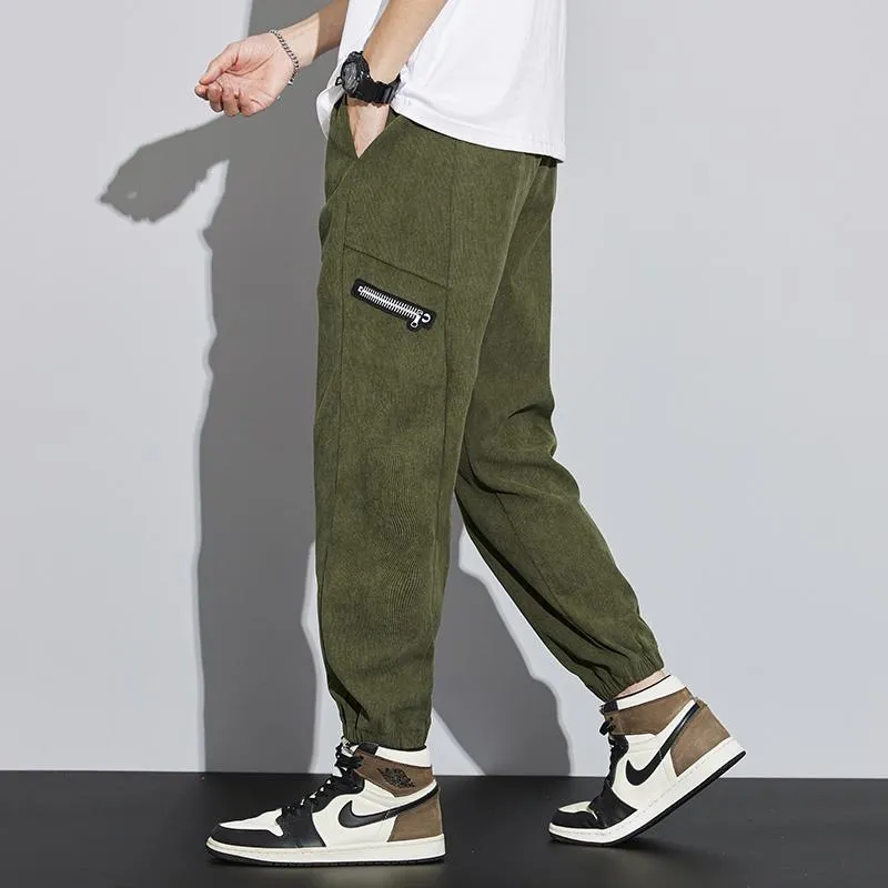 Corduroy Street Style Retro Drawstring Waist Loose Fit Tapered Pants