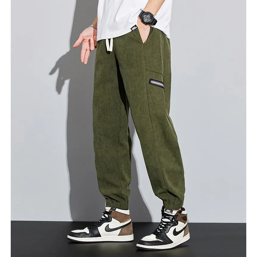 Corduroy Street Style Retro Drawstring Waist Loose Fit Tapered Pants