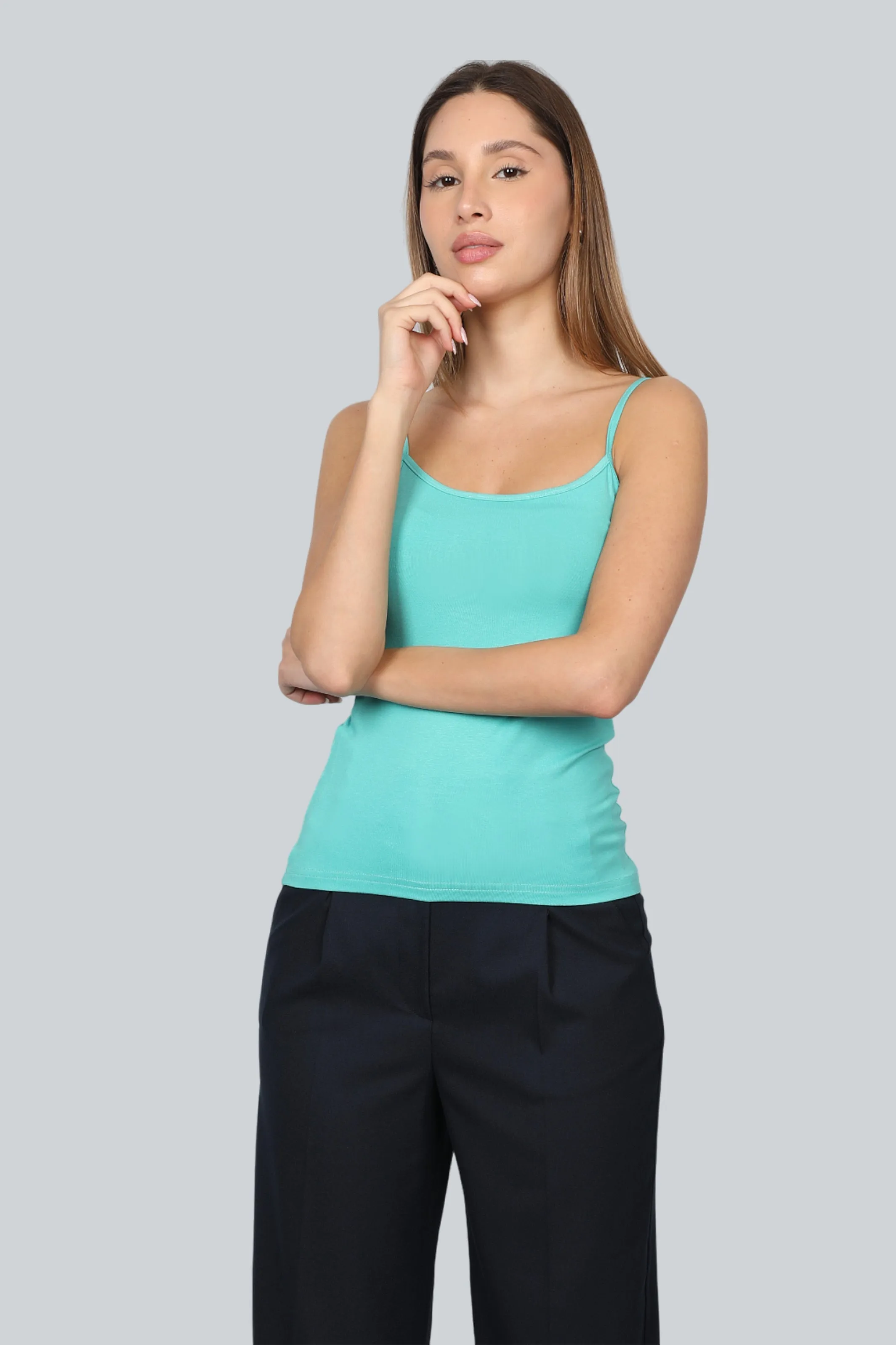 Cotton Thin Strap Tank Top in Aqua