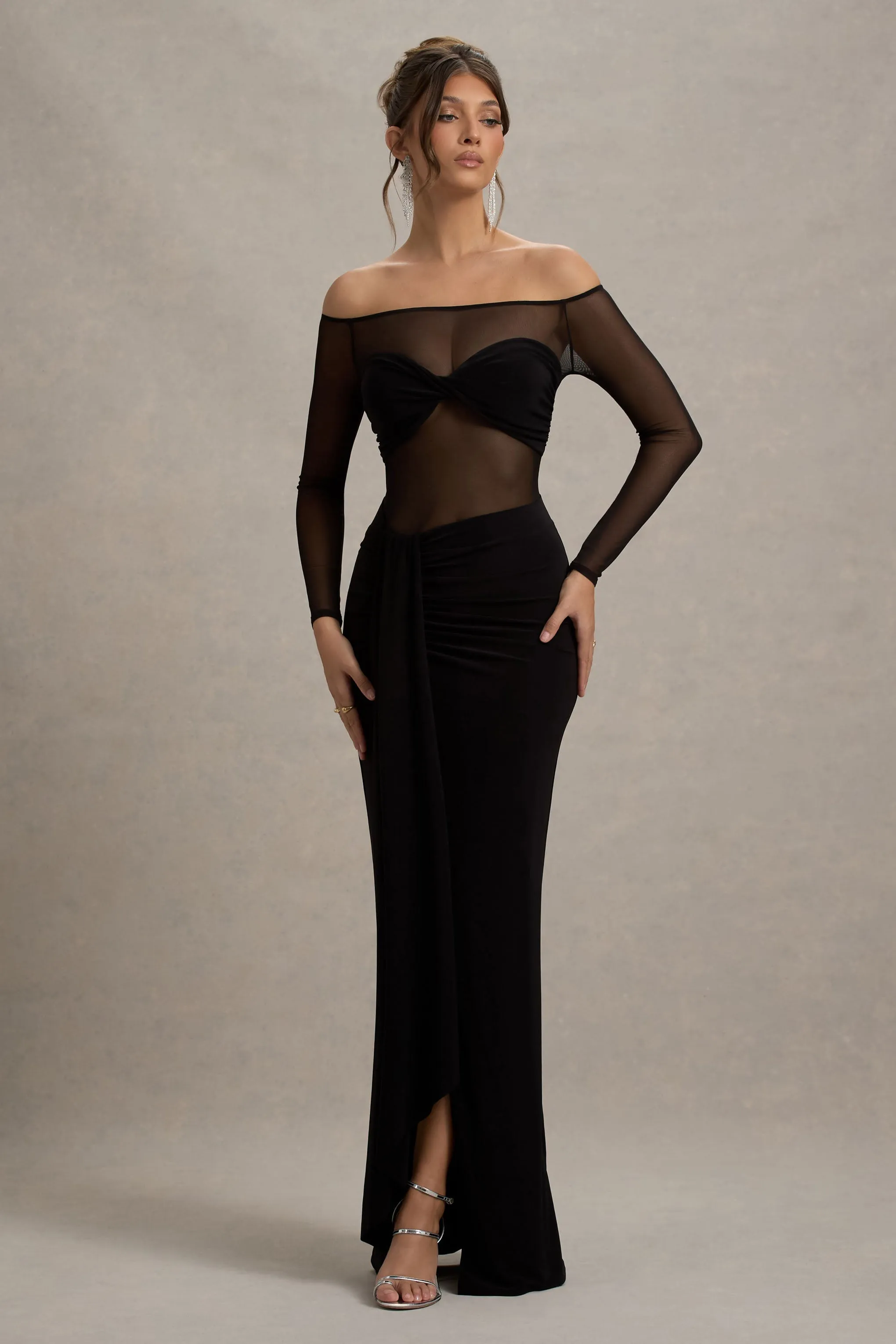 Cover Star | Black Mesh Bardot Long-Sleeve Draped Maxi Dress