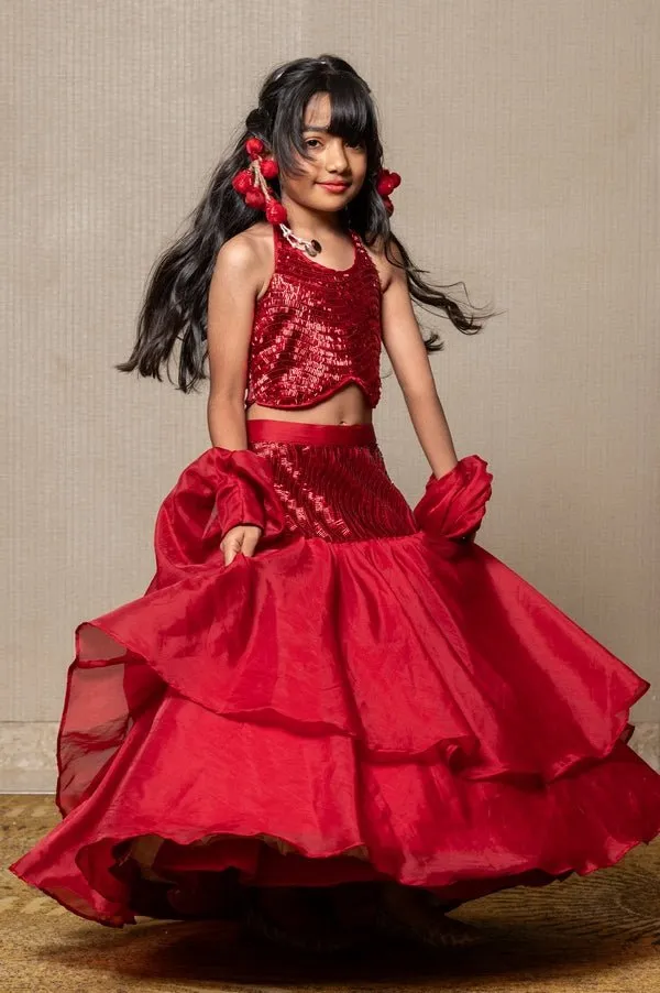 Elegant Red sequin top with flared skirt and Cape style Dupatta